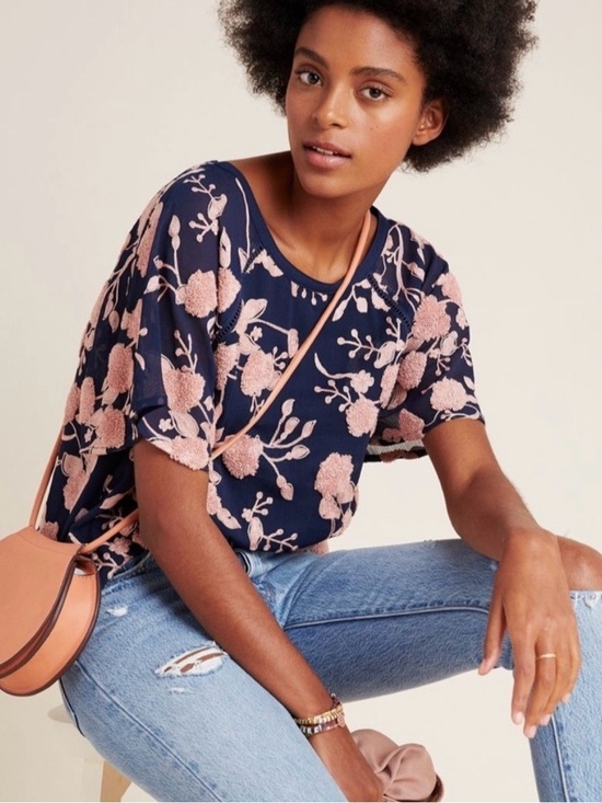Maeve Tops - Maeve by Anthropologie Franca Textured Floral Blouse, Navy and Pale Pink, Medium